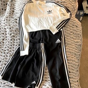 Three piece Adidas track sat with shirt, pants and shorts